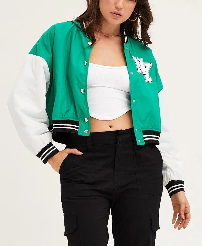 Carol Green Cropped Varsity Bomber Jacket  - Recreated