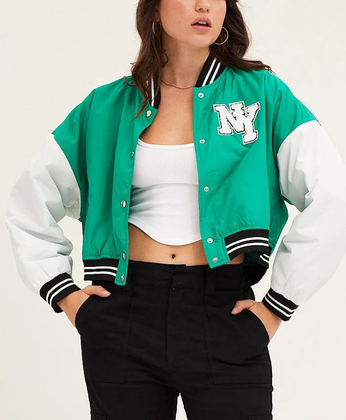 Carol Green Cropped Varsity Bomber Jacket  - Recreated