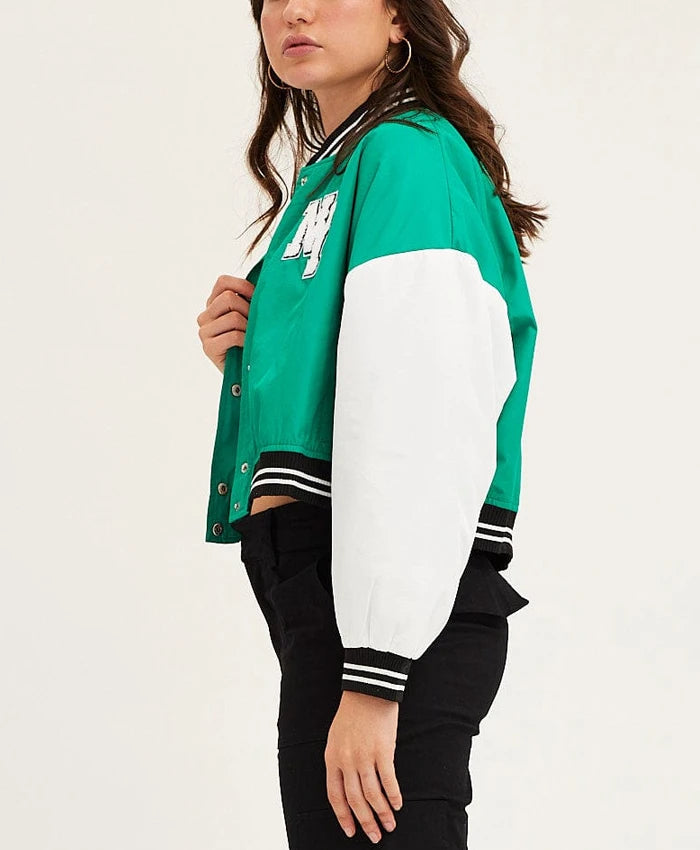 Carol Green Cropped Varsity Bomber Jacket  - Recreated