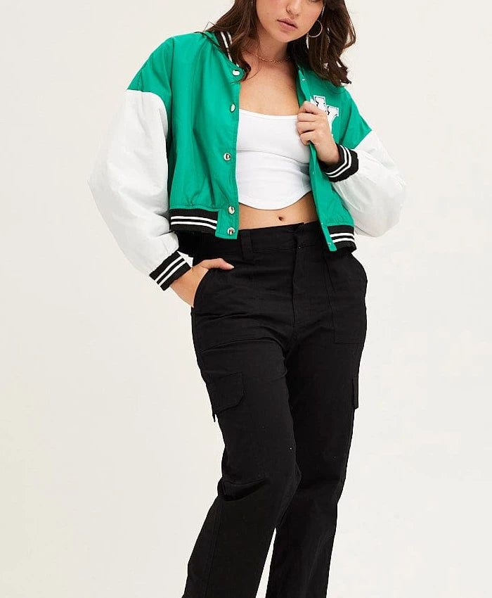 Carol Green Cropped Varsity Bomber Jacket  - Recreated