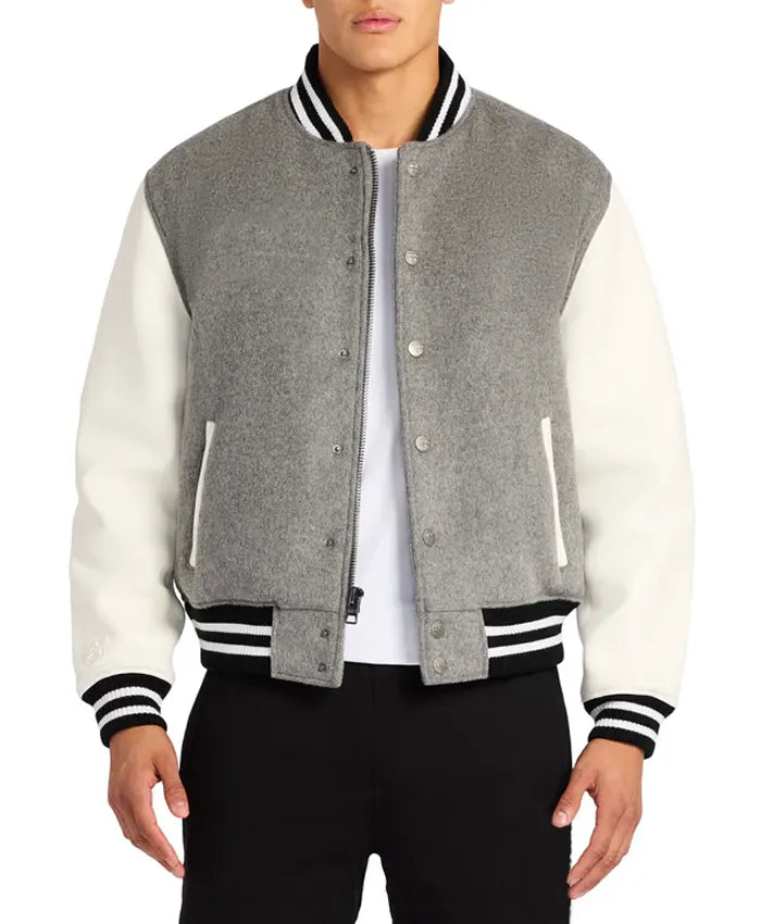 Grey Letterman Varsity Jacket With White Sleeves  - Recreated