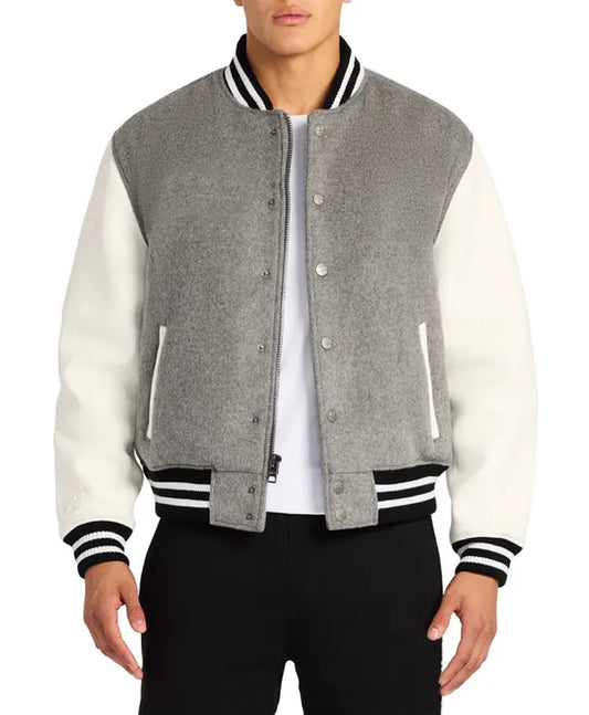 Grey Letterman Varsity Jacket With White Sleeves  - Recreated
