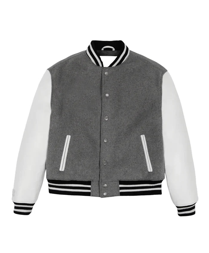Grey Letterman Varsity Jacket With White Sleeves  - Recreated