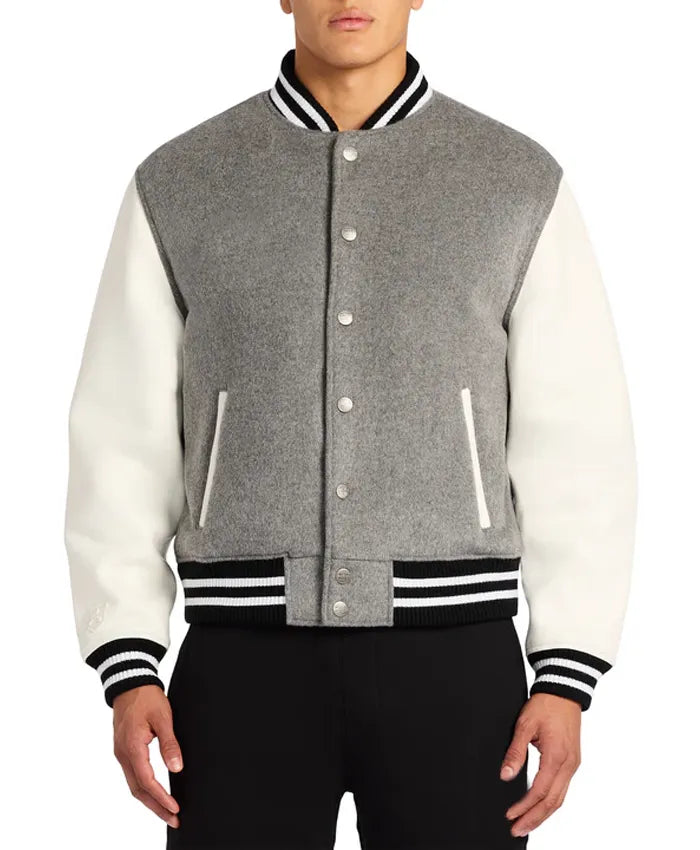 Grey Letterman Varsity Jacket With White Sleeves  - Recreated
