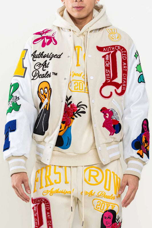 First Row Art Dealer Graphic Cream Cropped Varsity Jacket  - Recreated
