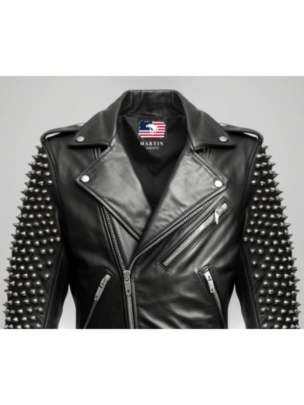 Men Black Biker Studded Leather Jacket