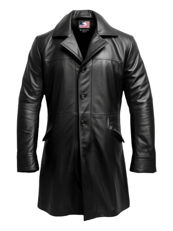 Men Flap Pockets Black Leather Coat