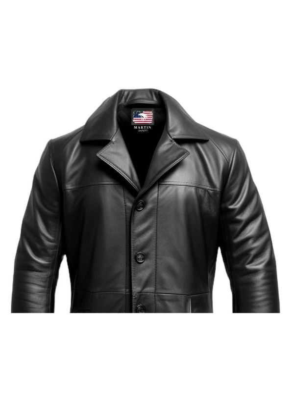 Men Flap Pockets Black Leather Coat