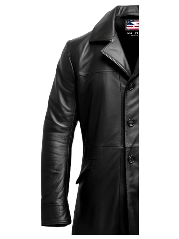 Men Flap Pockets Black Leather Coat