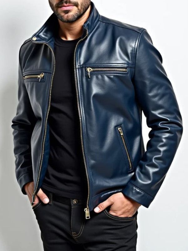 Men Leather Jacket - Navy Blue Leather Jacket