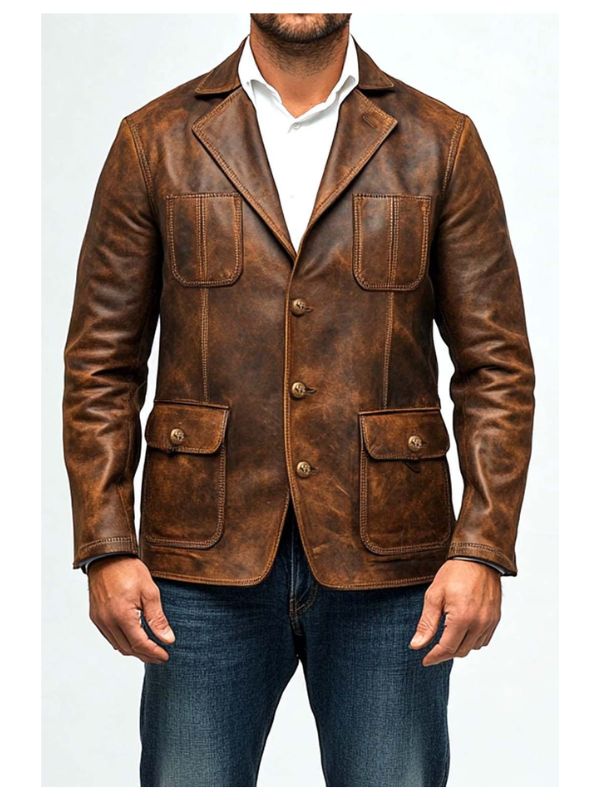 Men’s Premium Brown Distressed Leather Blazer – Sophisticated &amp; Timeless