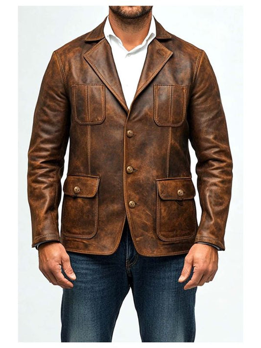Men’s Premium Brown Distressed Leather Blazer – Sophisticated &amp; Timeless