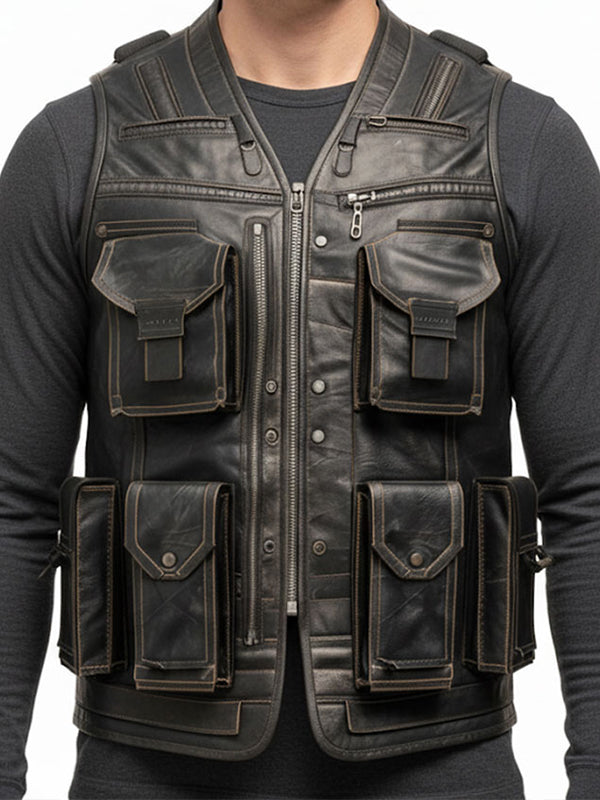 Men’s Rub Off Military Leather Vest – Distressed Rust Brown