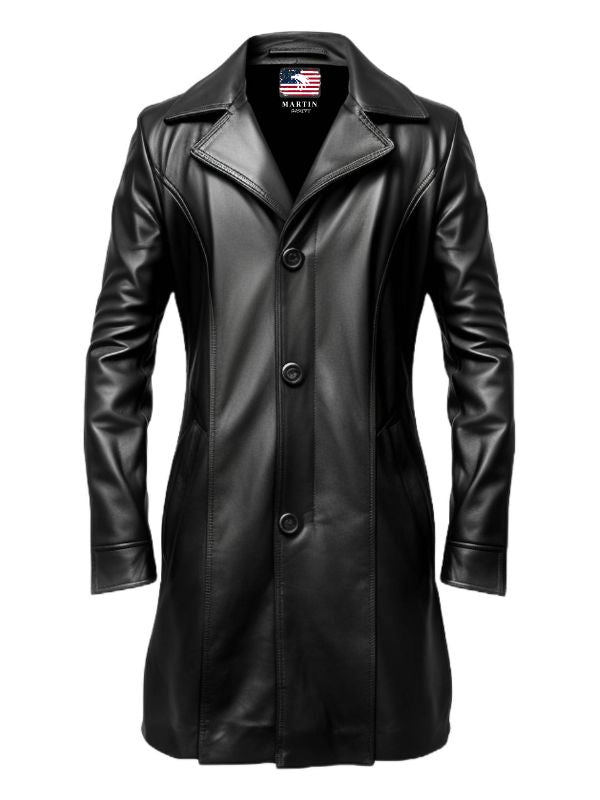 Men Stylish Black Long Leather Coat