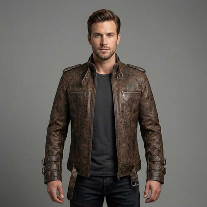 Men's Brown Gothic Embroidered Leather Jacket