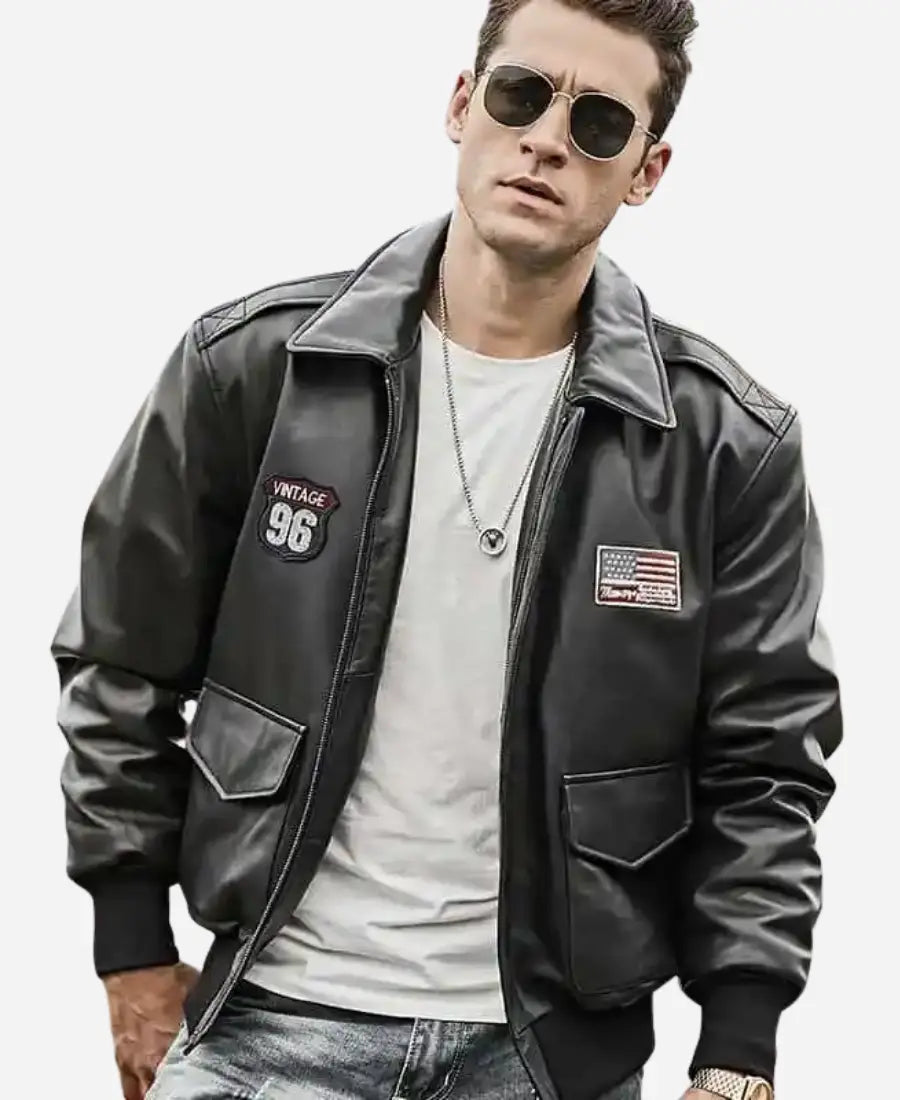 Men’s Black Bomber Leather Jacket – Air Force Pilot Style