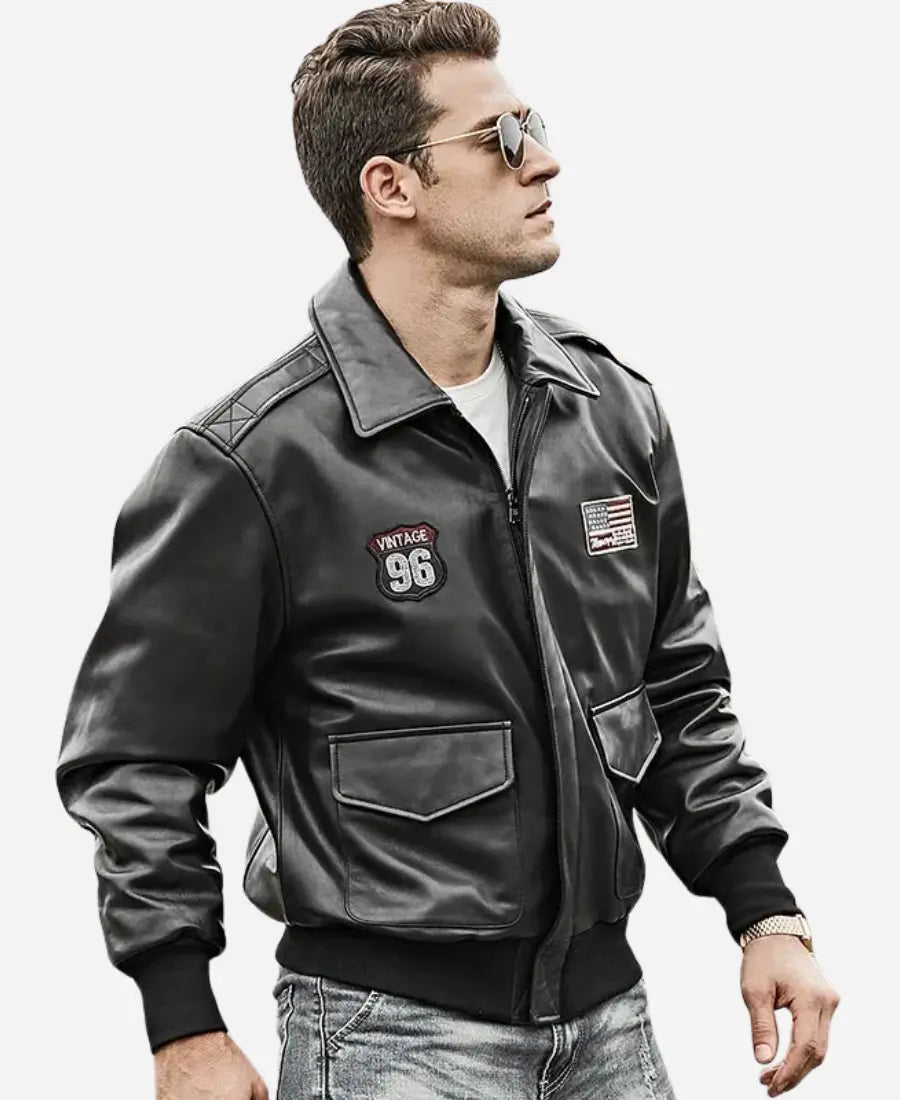 Men’s Black Bomber Leather Jacket – Air Force Pilot Style