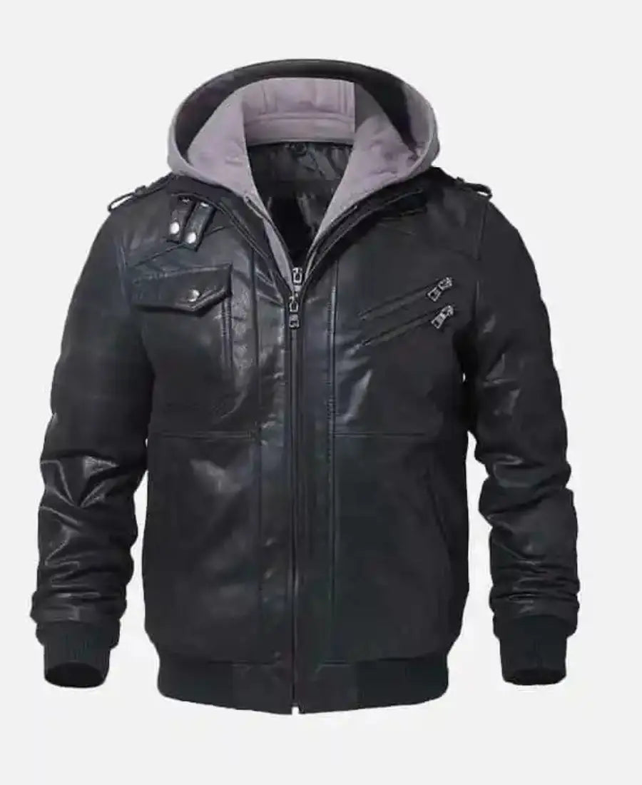 Men’s Black Bomber Leather Jacket with Hood