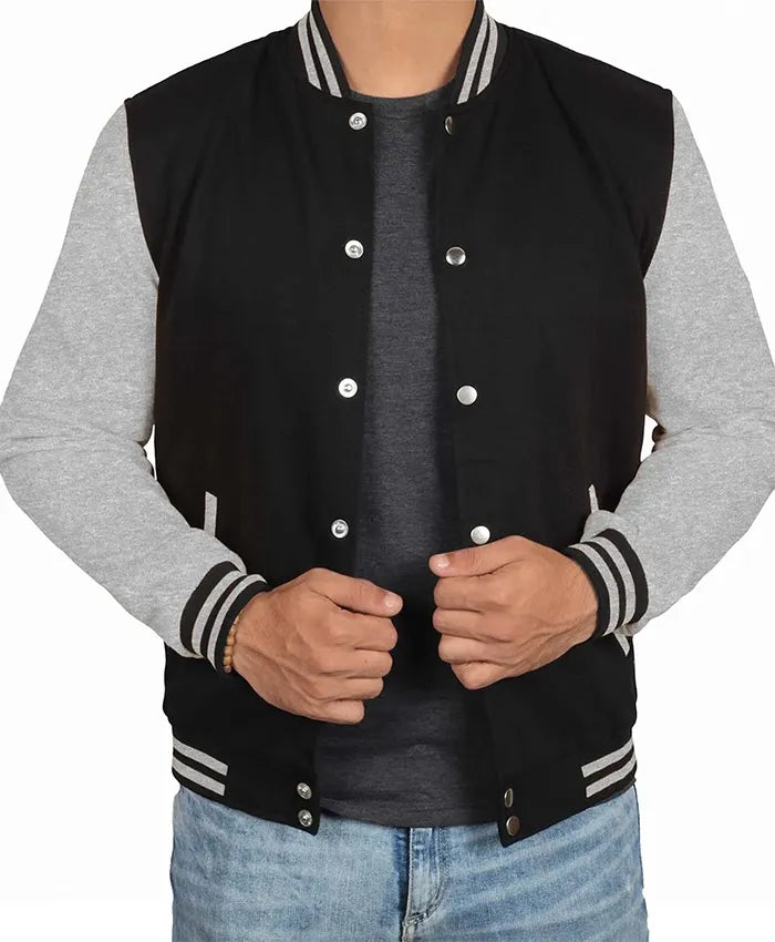 Men’s Black Grey Varsity Bomber Jacket  - Recreated