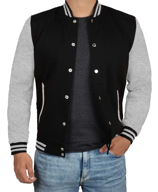 Men’s Black Grey Varsity Bomber Jacket  - Recreated
