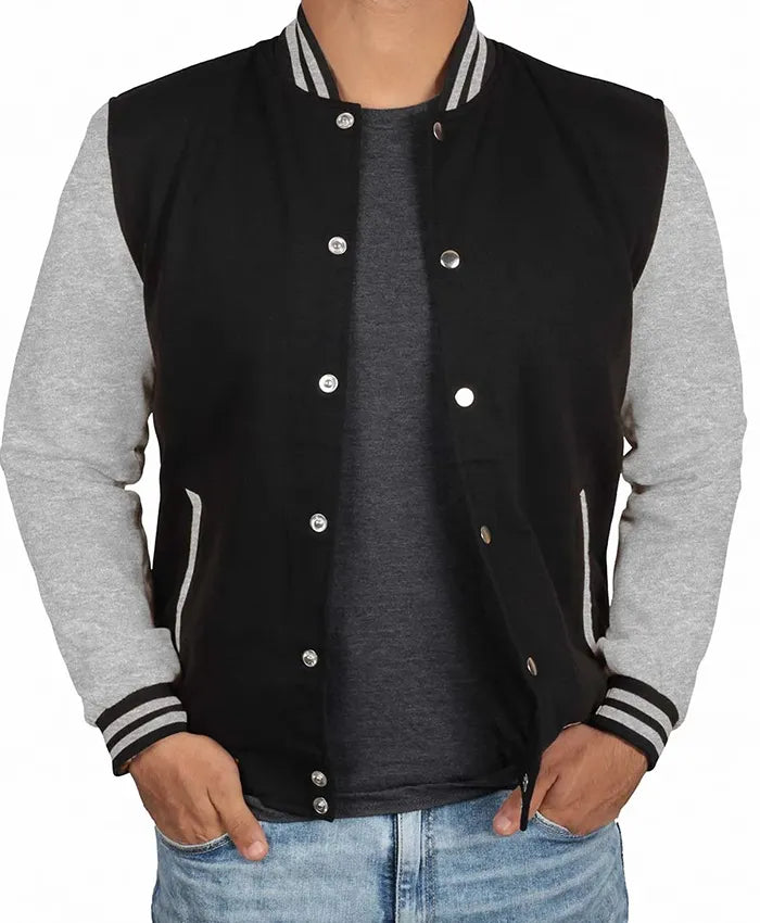 Men’s Black Grey Varsity Bomber Jacket  - Recreated
