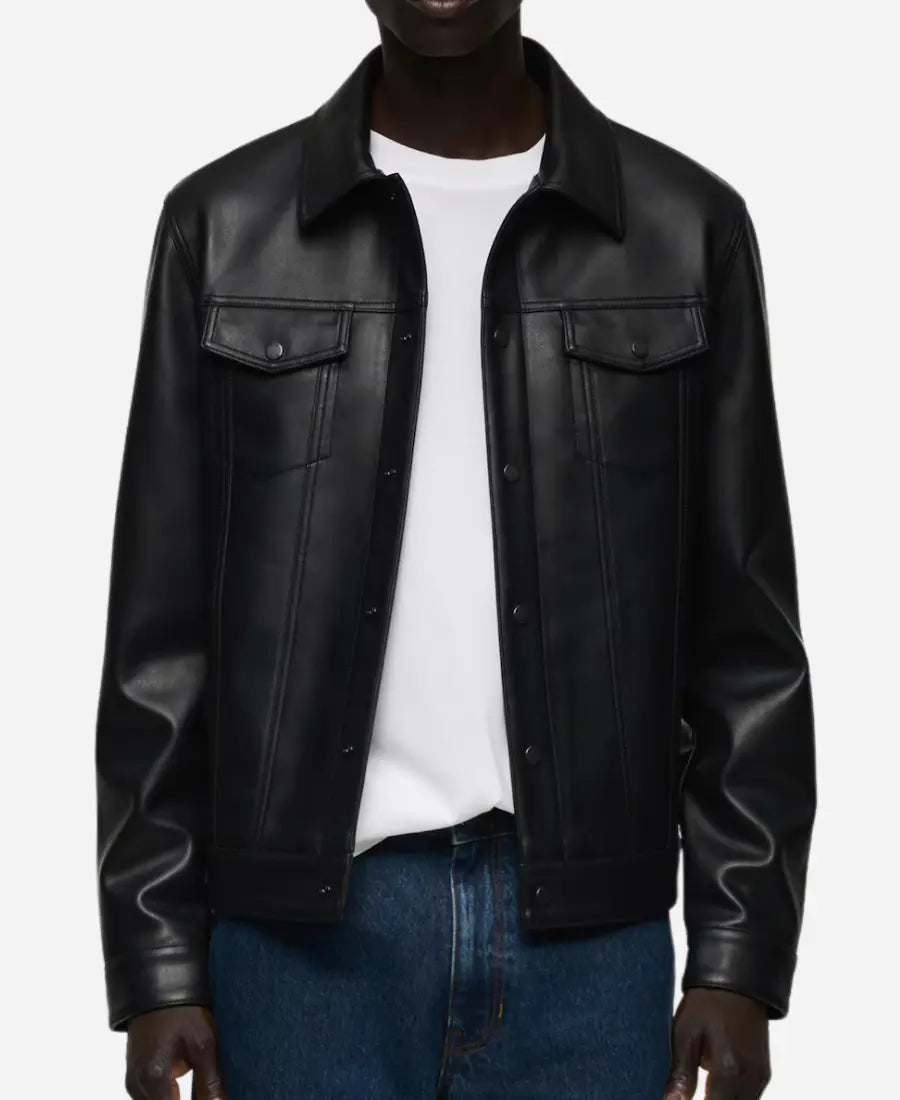 Men’s Black Sheepskin Leather Trucker Jacket