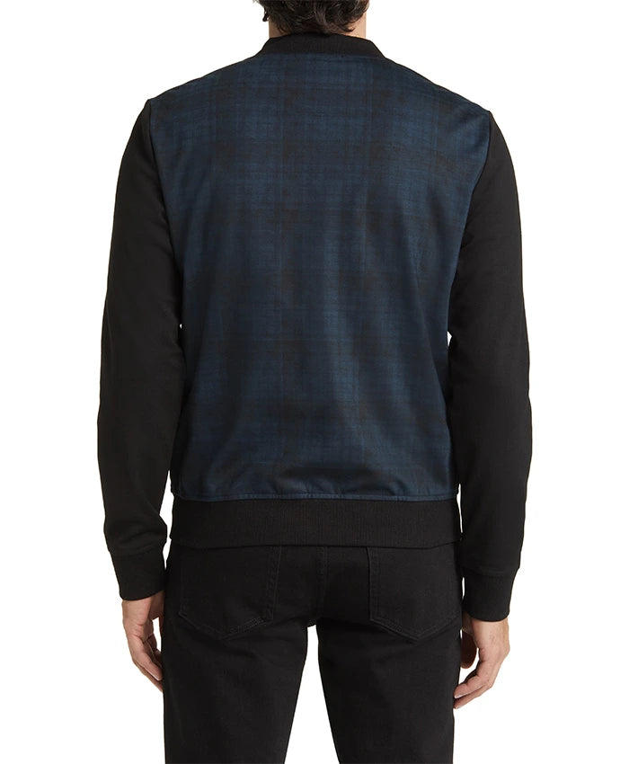 Men’s Blue Colorblock Plaid Bomber Jacket  - Recreated