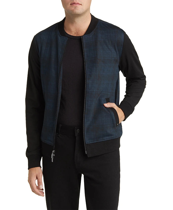Men’s Blue Colorblock Plaid Bomber Jacket  - Recreated