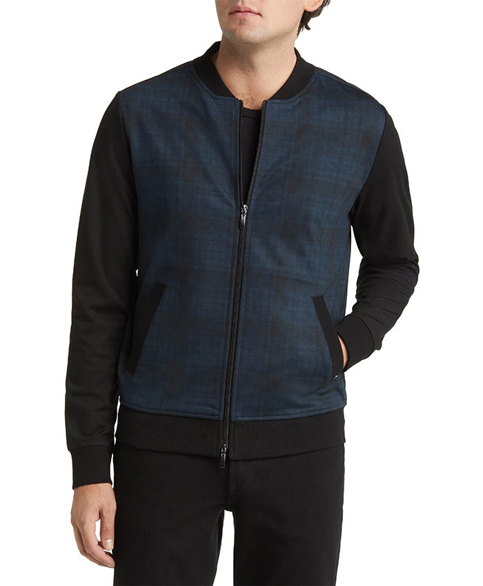 Men’s Blue Colorblock Plaid Bomber Jacket  - Recreated