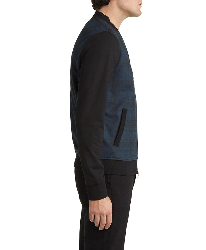 Men’s Blue Colorblock Plaid Bomber Jacket  - Recreated