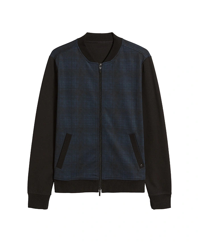 Men’s Blue Colorblock Plaid Bomber Jacket  - Recreated