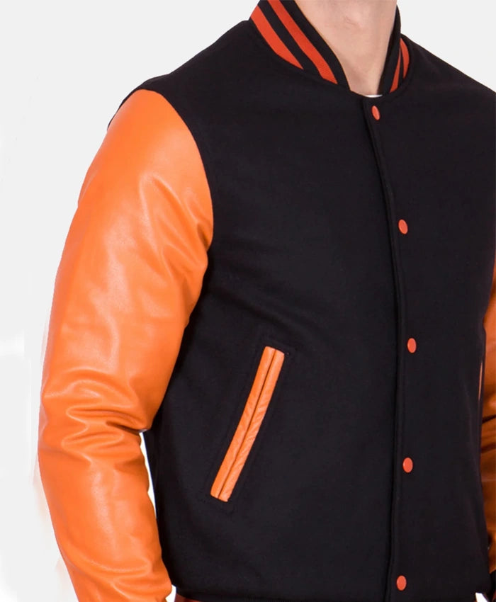 Men’s Causal Orange And Black Letterman Jacket  - Recreated