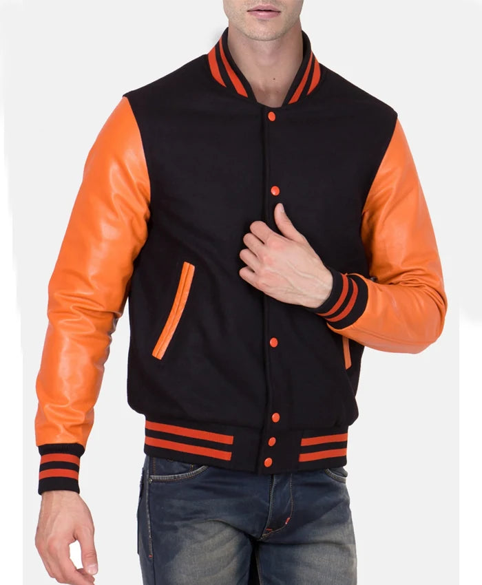 Men’s Causal Orange And Black Letterman Jacket  - Recreated
