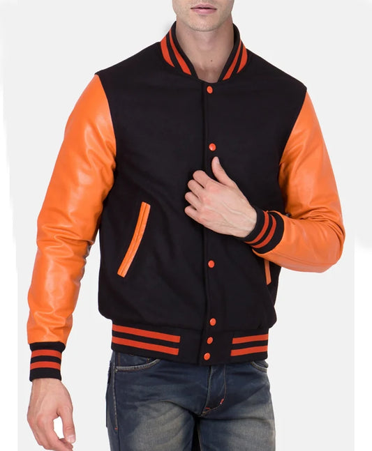 Men’s Causal Orange And Black Letterman Jacket  - Recreated