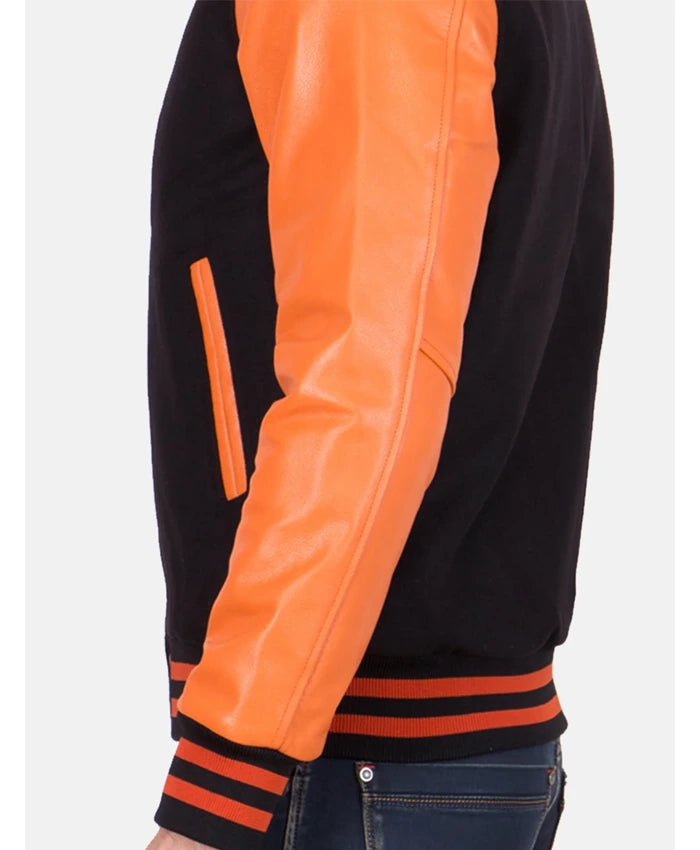 Men’s Causal Orange And Black Letterman Jacket  - Recreated