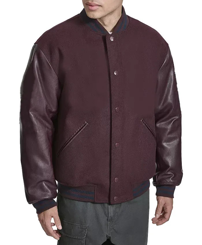 Men’s Burgundy Lettermen Bomber Jacket  - Recreated