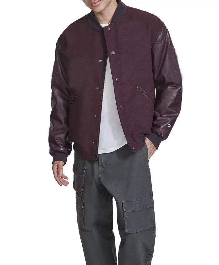 Men’s Burgundy Lettermen Bomber Jacket  - Recreated