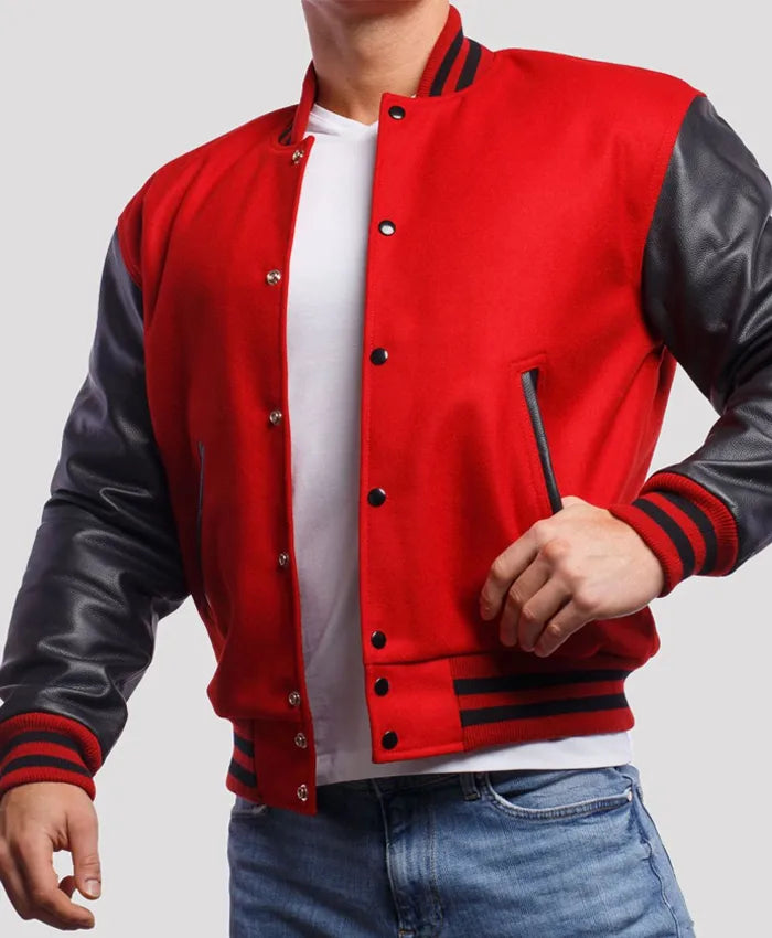Men’s Red Leather Varsity Lettermen Jacket  - Recreated