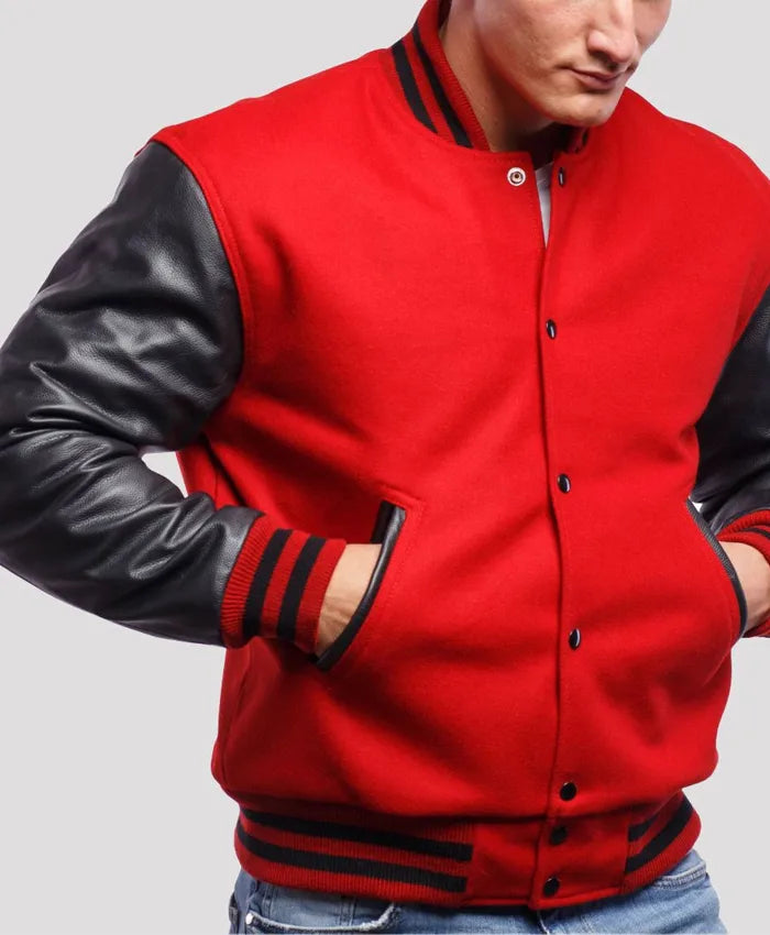 Men’s Red Leather Varsity Lettermen Jacket  - Recreated