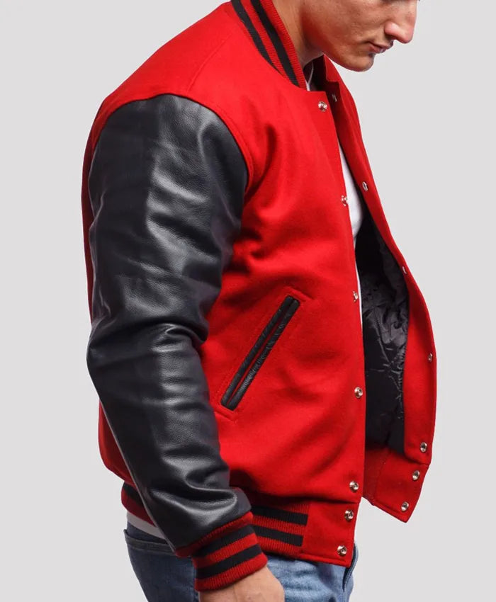 Men’s Red Leather Varsity Lettermen Jacket  - Recreated