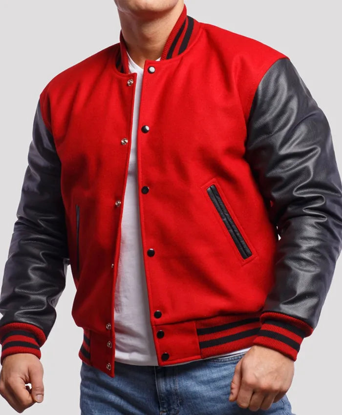 Men’s Red Leather Varsity Lettermen Jacket  - Recreated