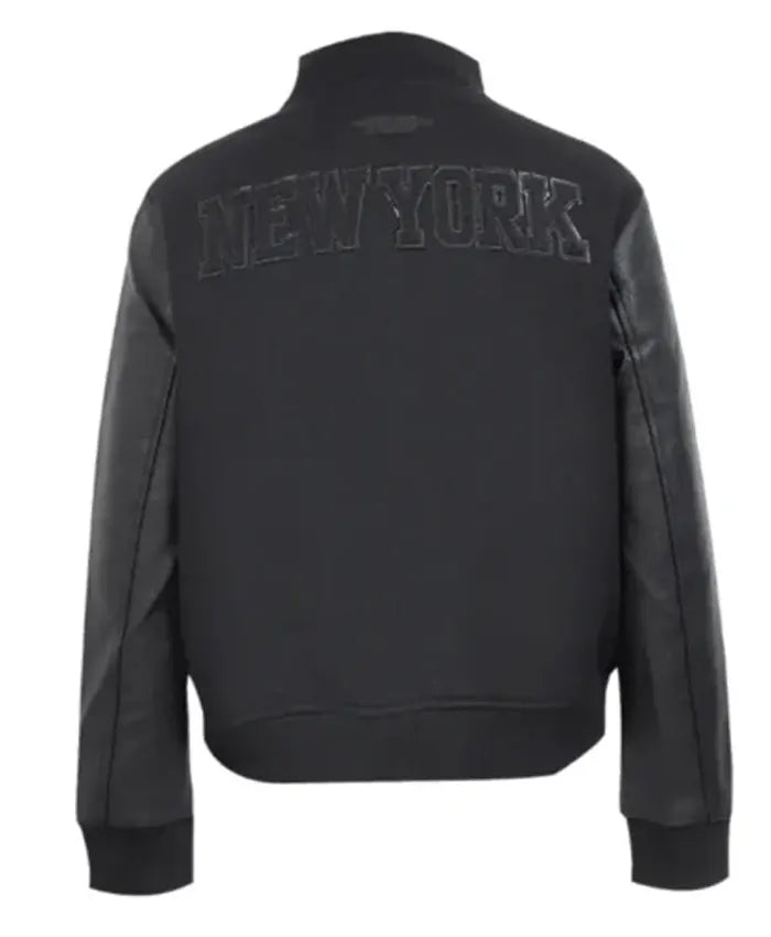 NY Knicks Triple Black Varsity Wool Leather Jacket  - Recreated