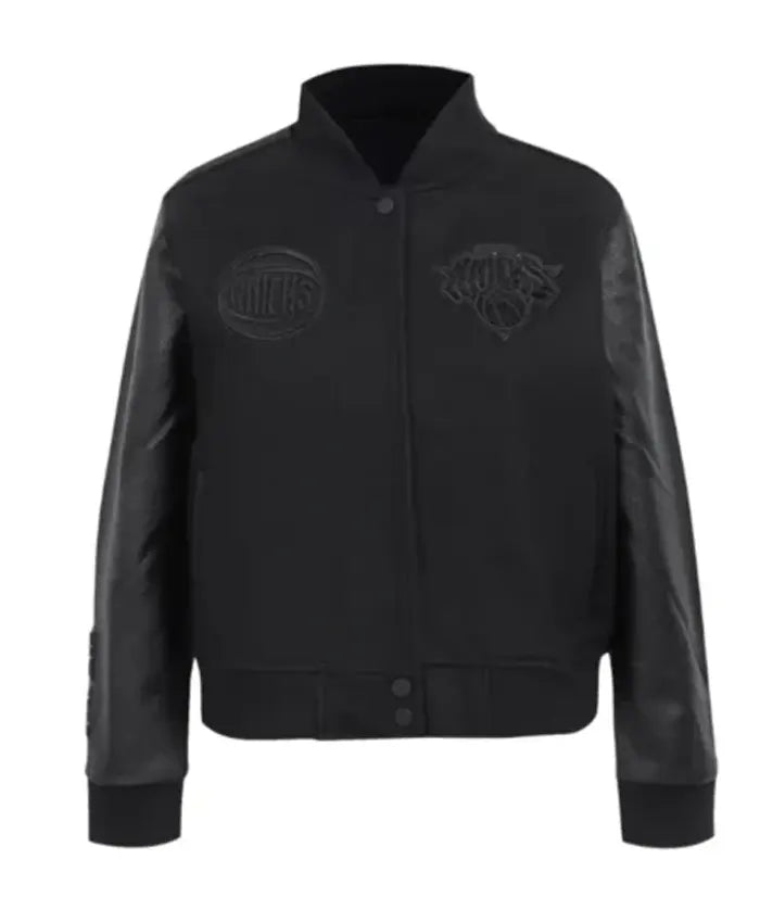 NY Knicks Triple Black Varsity Wool Leather Jacket  - Recreated