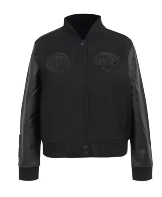 NY Knicks Triple Black Varsity Wool Leather Jacket  - Recreated