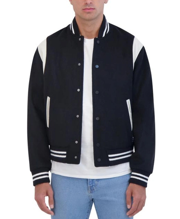 Navy Blue Letterman Varsity Jacket With Rib Collar  - Recreated