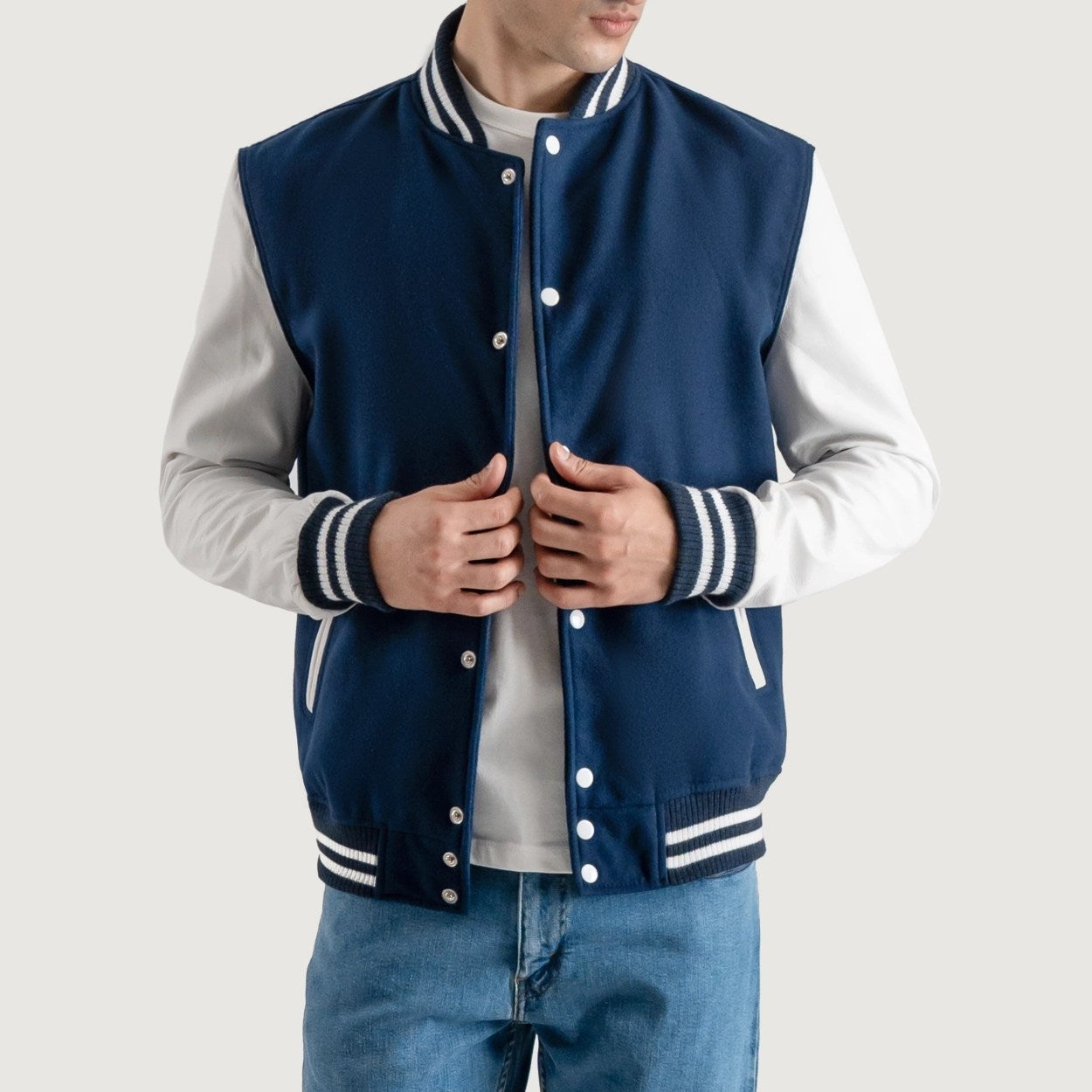 Navy Blue and White Varsity Letterman Jacket