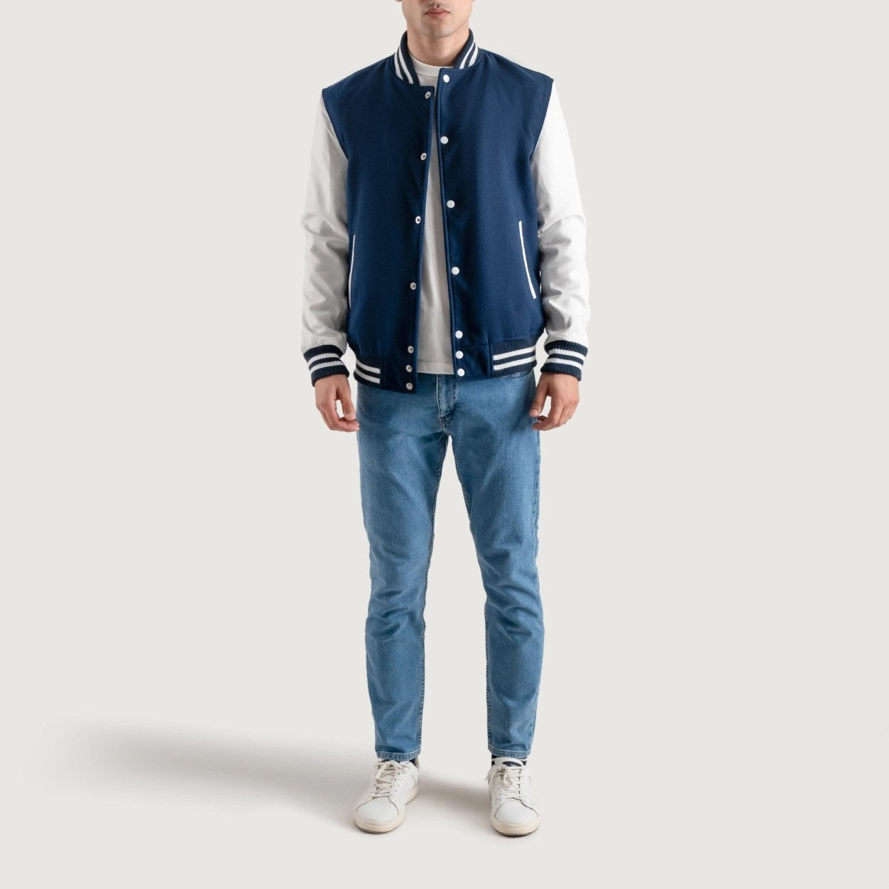 Navy Blue and White Varsity Letterman Jacket
