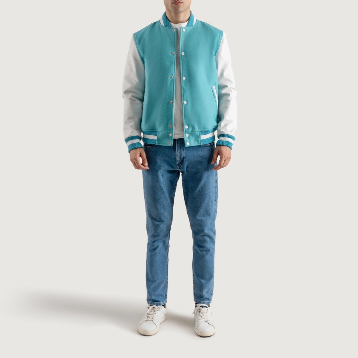Teal Aqua and White Varsity Letterman Jacket
