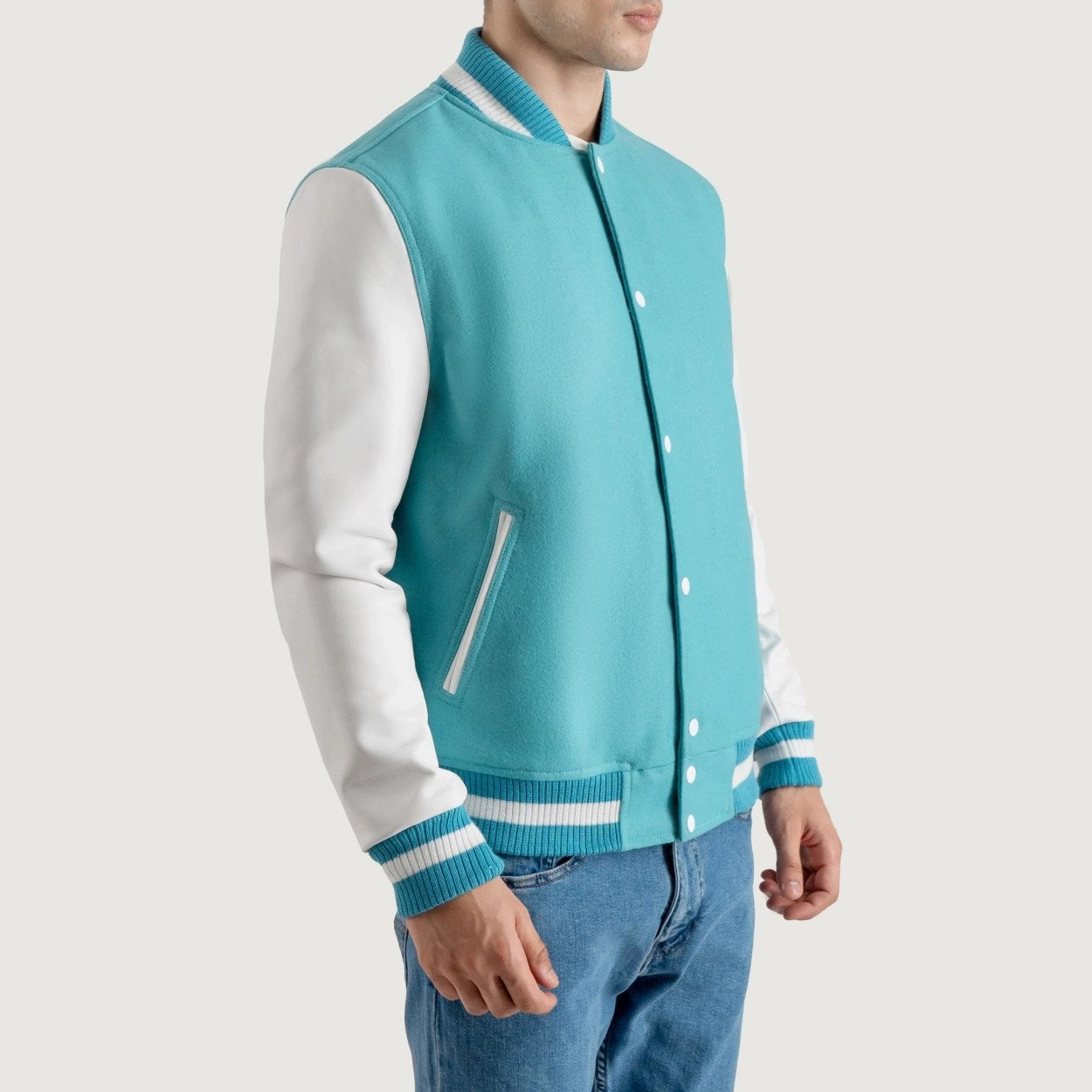 Teal Aqua and White Varsity Letterman Jacket