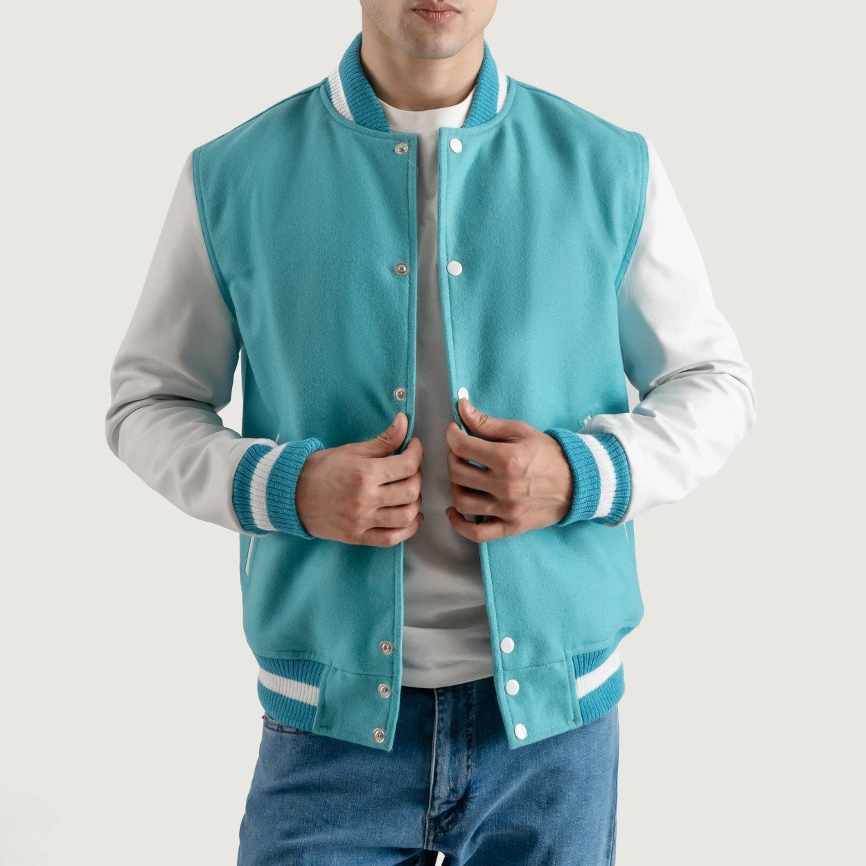 Teal Aqua and White Varsity Letterman Jacket